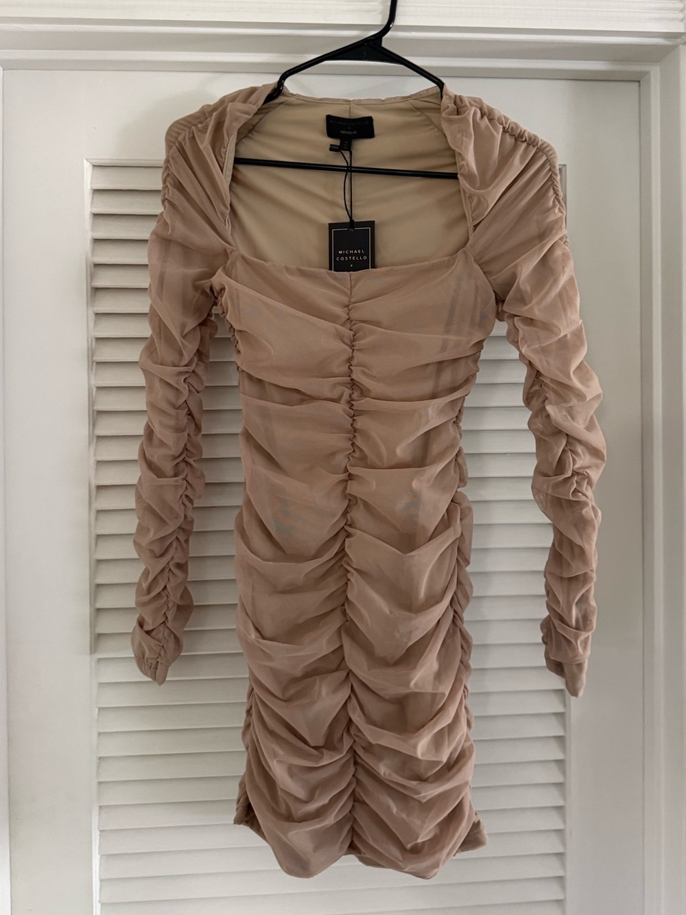 Michael Costello Beige Ruched Long-Sleeve Sheer Bodycon Dress